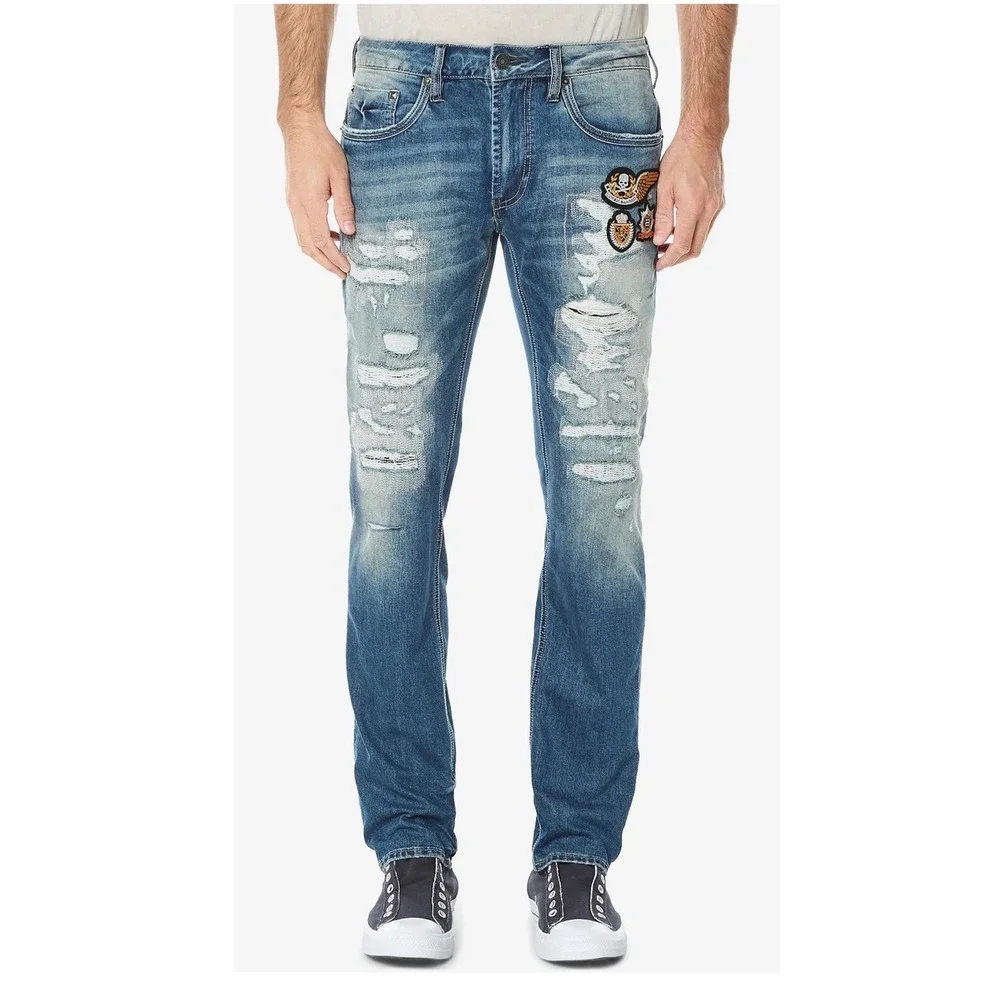 Buffalo David Bitton Jeans Mens 32x32 Blue Distressed Patched Straight Leg Denim